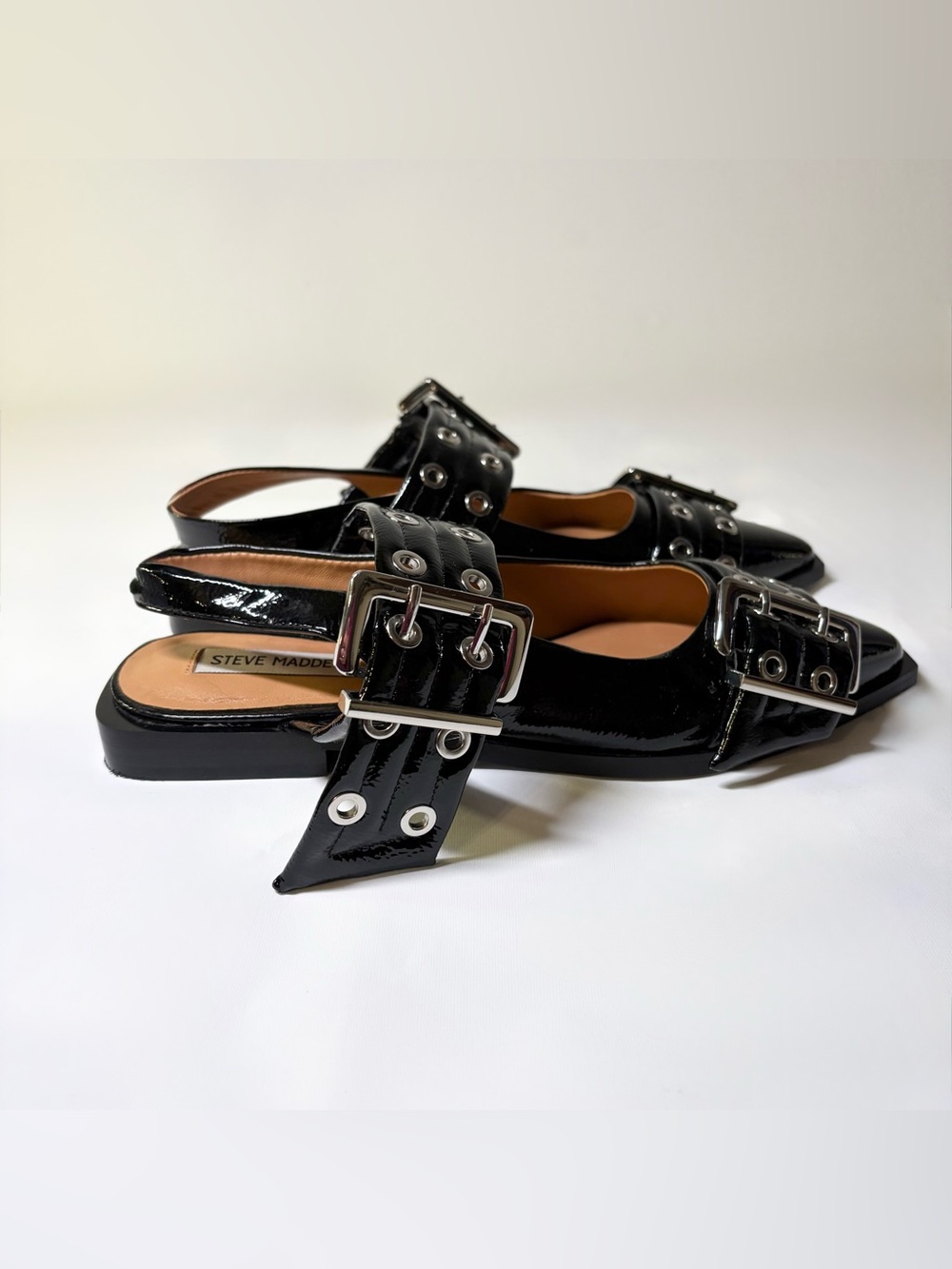 STEVE MADDEN Graya Slingback Buckle Flats Black Leather And Patent Women’s US 8 - Picture 8 of 16